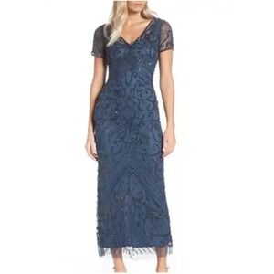 Pisarro Nights Women's Beaded Mesh Column Gown‎ Coastal Blue Size 2 Formal